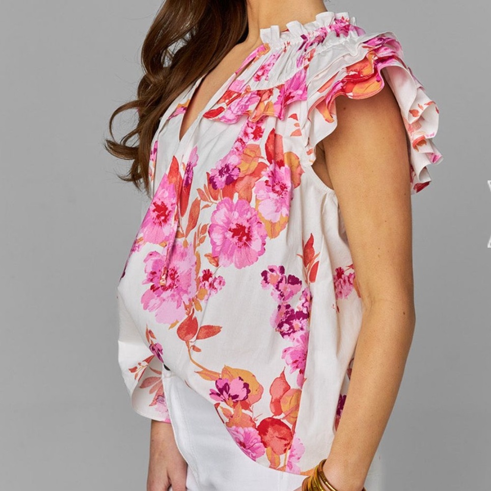BuddyLove Carla Ruffle Eyelet Top - Mangrove women’s small pink floral (bin DD) - Picture 2 of 11